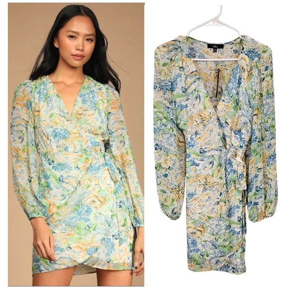 Lulus Dresses & Skirts - Lulus Floral Wrap Mini Long Sleeve Vneck Dress